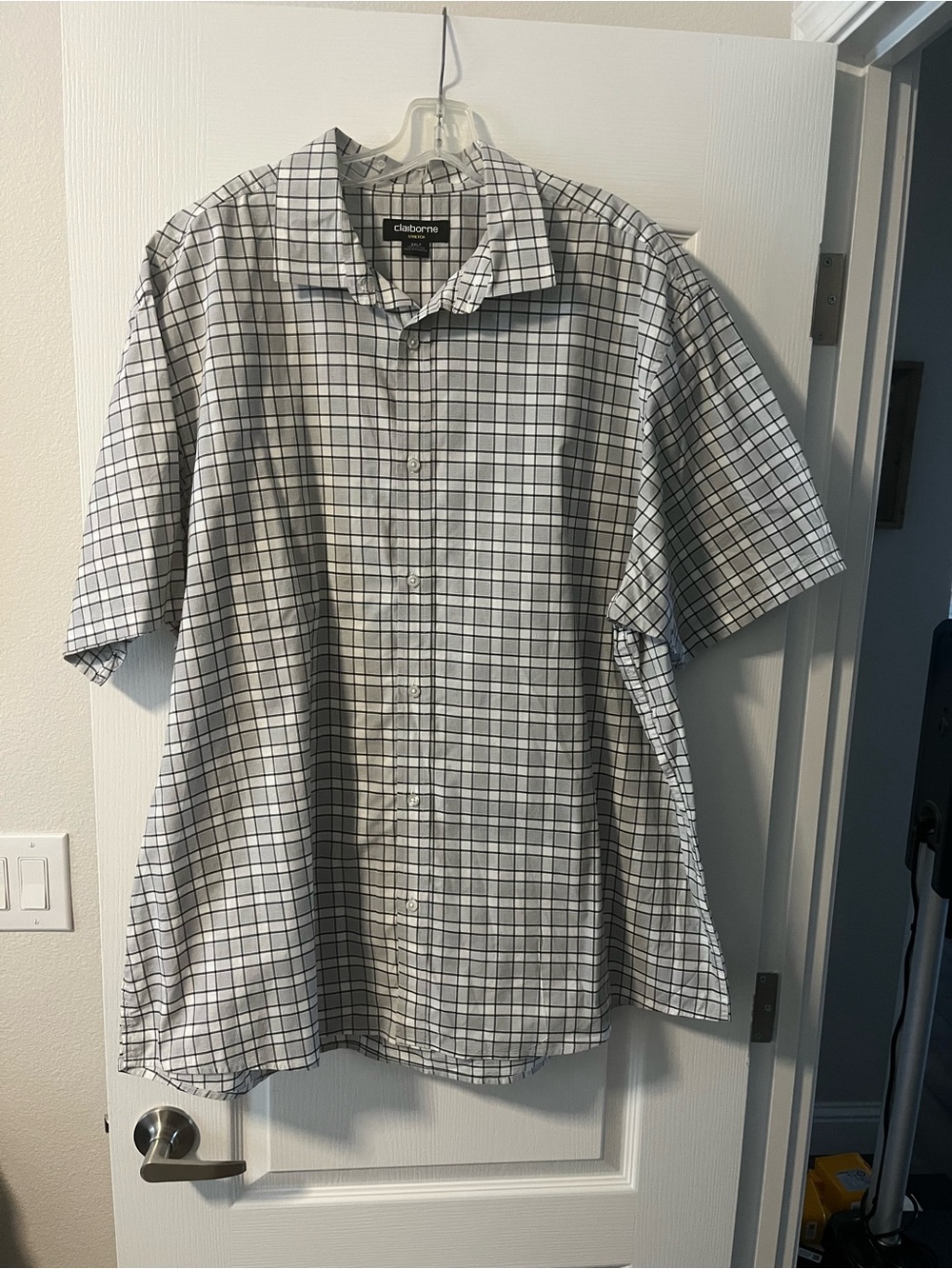 Claiborne Short-Sleeve Gray Windowpane Button-Down Shirt